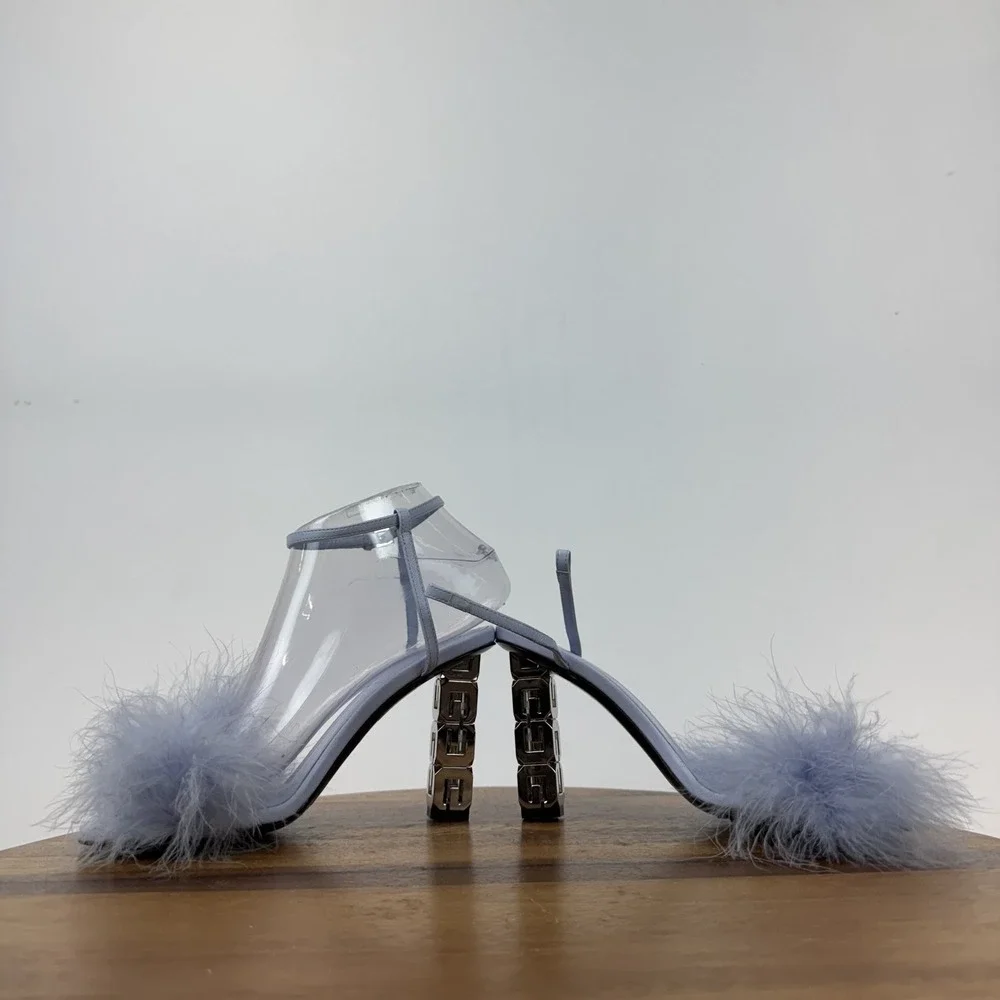 Womens Givenchy G Cube Blue Leather Feather Strappy Heeled Sandals‎ Size 35 GUC - Picture 5 of 9